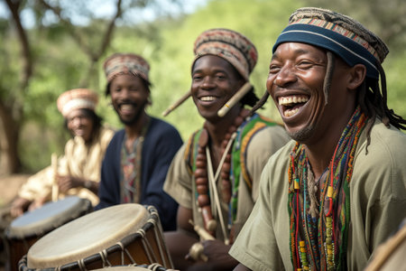African musicians playing drums happily in outdoors. Generative AIの素材