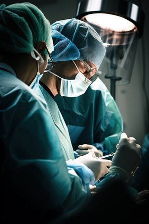 Medical team during surgery. Close up shot. Generative AI vertical shotの素材
