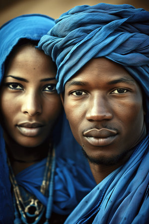 Tuareg tribe couple wearing blue traditional headscarf. Portrait looking at camera. Generative AI vertical shotの素材