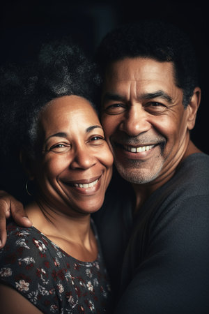 Happy mature African couple looking at camera over dark background. Generative AI vertical shotの素材