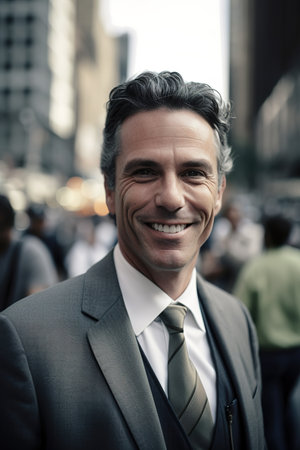 Smiling businessman looking at camera while walking in the street. Generative AI vertical shotの素材