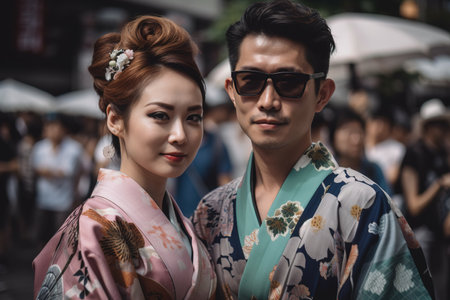 Japanese couple wearing traditional colorful kimonos. Generative AI shotの素材