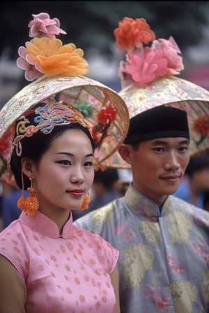 Chinese couple wearing traditional colorful clothes. Vintage photography. Generative AI vertical shotの素材