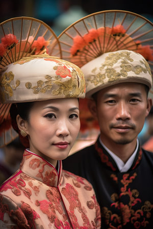 Retro style portrait of Chinese couple wearing traditional clothes. Generative AI vertical shotの素材