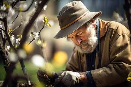 Senior man working in the garden. Generative AI shotの素材