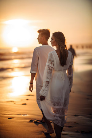 Couple recently married walking along the beach at sunset. Generative AI vertical shotの素材