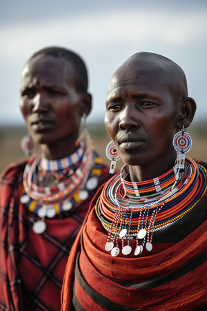 Maasai tribe women wearing traditional costumes. Generative AI vertical shotの素材