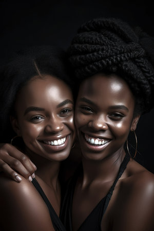 African American women embracing each other and smiling while looking at camera. Generative AI vertical shotの素材