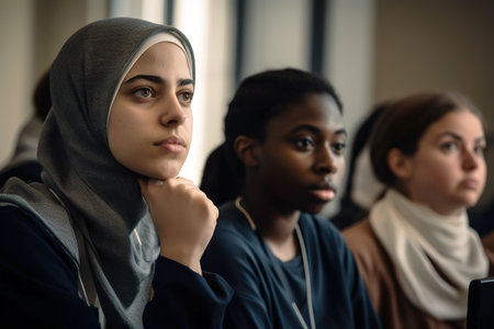 Classroom in high school with Muslim student paying attention to the lesson. Generative AIの素材