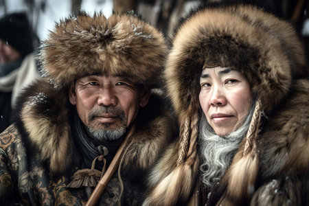 Couple of Ainu tribe wearing their traditional costumes. Generative AIの素材