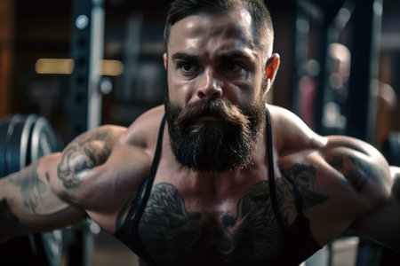 Bodybuilder doing weightlifting in a gym. Close up shot. Generative AIの素材
