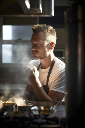 Man cooking in professional restaurant kitchen. Generative AI vertical shotの素材