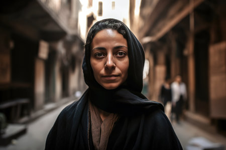 Portrait of woman wearing hijab or headscarf, looking serious at camera. Generative AIの素材