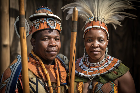 Zulu native couple with their traditional costumes and looking at camera. Generative AIの素材