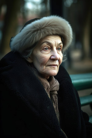 Russian senior woman sitting on public park bench. Generative AI vertical shotの素材