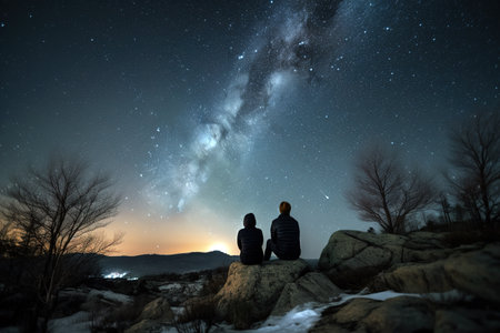 Couple sitting on a rock and looking at the milky way. Generative AIの素材