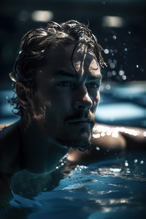 Young man swimming in indoor pool. Close up face shot. Generative AI vertical shotの素材