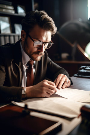 Lawyer reviewing papers at his office. Generative AI vertical shotの素材