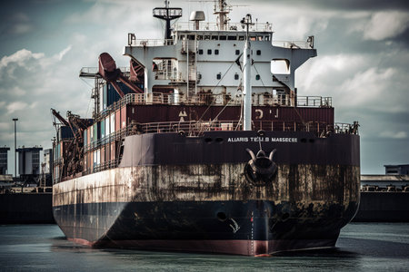 Big old cargo ship arriving at port. Generative AIの素材