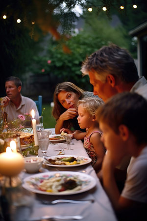 Family enjoying Sunday dinner in the backyard at home. Generative AI vertical shotの素材