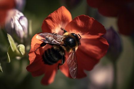 Top view of bee pollinating a flower. Close up shot. Generative AIの素材