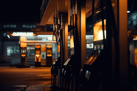 Night shot of fuel pumps at gas stations. Close up shot. Generative AIの素材