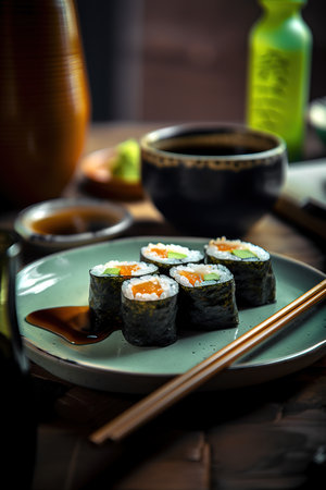 Close up shot of gourmet sushi on a plate with chopsticks on a side. Generative AI vertical shotの素材