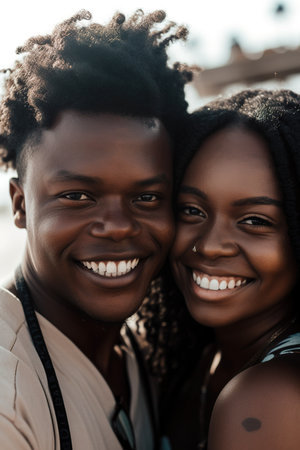 Couple with African ethnicity posing happy at camera. Generative AI vertical shotの素材