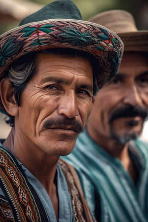 Mexican man from small town looking at camera wearing traditional clothes. Generative AI vertical shotの素材