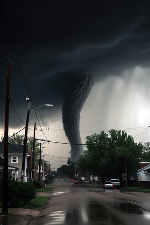Big tornado approaching town. Natural disaster concept. Generative AI vertical shotの素材