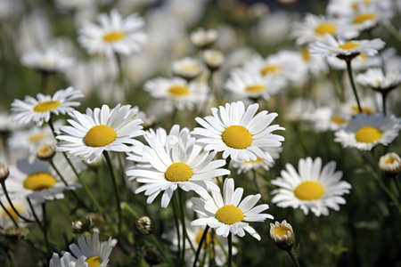 Daisy flowers field close up. Floral background. Generative AIの素材