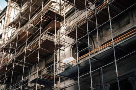 Old building under construction with cranes. Generative AIの素材