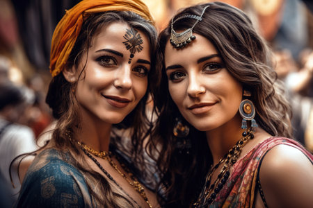 Two beautiful women with gypsy style outfit posing and looking at camera. Generative AIの素材