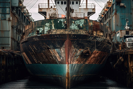Front view of big rusted cargo ship in harbor. Generative AIの素材