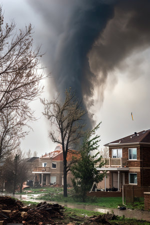 Tornado striking a residential suburban area. Generative AI vertical shotの素材