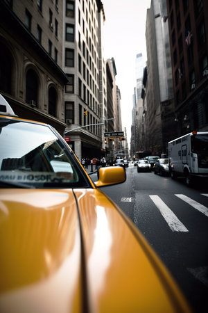 Metropolis big city street seen from a yellow cab. Perspective angle. Generative AI vertical shotの素材