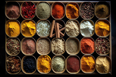 Table top view of huge variety of Indian spices. Generative AIの素材