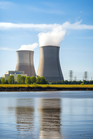 Nuclear power plant with towers with fumes. Generative AI vertical shotの素材