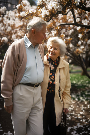 Lovely mature elderly couple walking in the park surrounded by blossom trees. Generative AI vertical shotの素材
