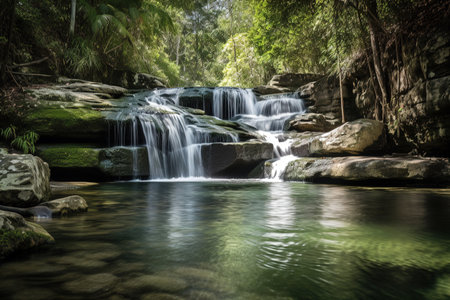 Misty waterfall falling into a clear water natural pool. Generative AIの素材