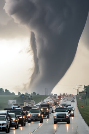 Tornado displacing next to motorway with vehicles running away. Generative AI vertical shotの素材