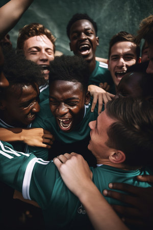 Soccer team celebrating victory euphoric. Generative AI vertical shotの素材