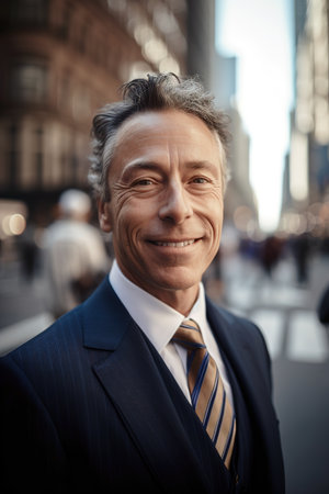 Middle aged businessman smiling at camera. City street as background. Generative AI vertical shotの素材