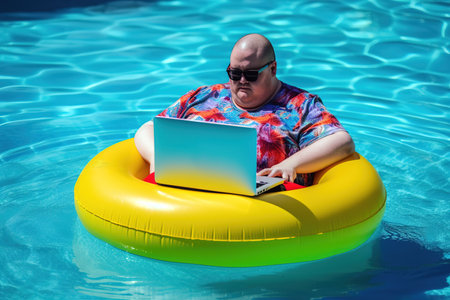 Oversize man enjoying summer in swimming pool in floater with laptop. Generative AIの素材