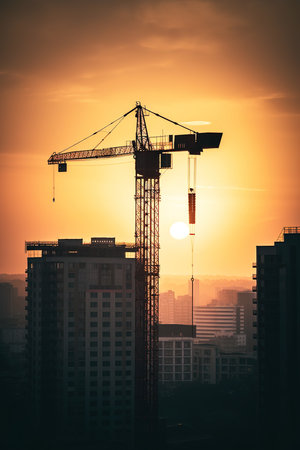 Dramatic sunset of giant crane working in skyscraper. Generative AI vertical shotの素材