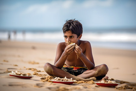 Indian boy eating with hands at the beach. Generative AIの素材