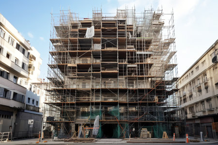 Front view of building under construction. Generative AI shotの素材