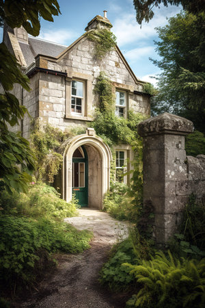 Abandoned mansion made of stone bricks. Architectural old design. Generative AI vertical shotの素材
