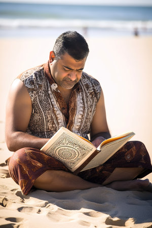 Indian man enjoying beach day sitting on the sand and reading religious book. Generative AI vertical shotの素材
