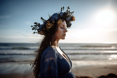 Caucasian pregnant woman walking along the beach. Generative AIの素材
